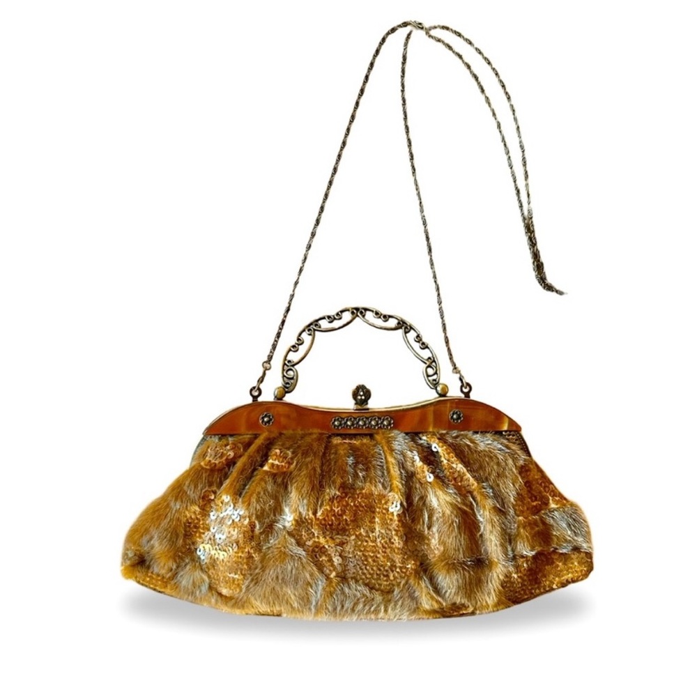 IN’s faux fur, leather, and tortoise shell clutch evening bag w/ sequin accents